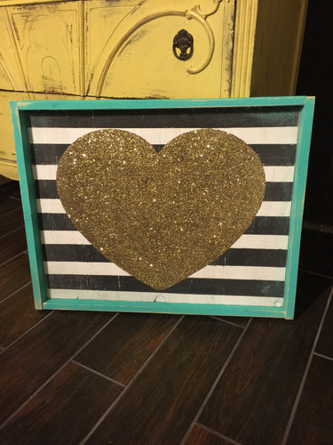 Gold Glitter Heart - Black and White Stripes