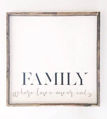 Family Where Love Never Ends Wood Sign